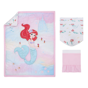 Disney Ariel Watercolor Wishes Aqua, Pink and White 3 Piece Nursery Crib Bedding Set - Comforter, 100% Cotton Fitted Crib Sheet and Crib Skirt