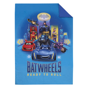 Warner Bros  Batwheels Ready to Roll Blue, Red, and Yellow 4 Piece Toddler Bed Set - Comforter, Fitted Bottom Sheet, Flat Top Sheet and Reversible Pillowcase