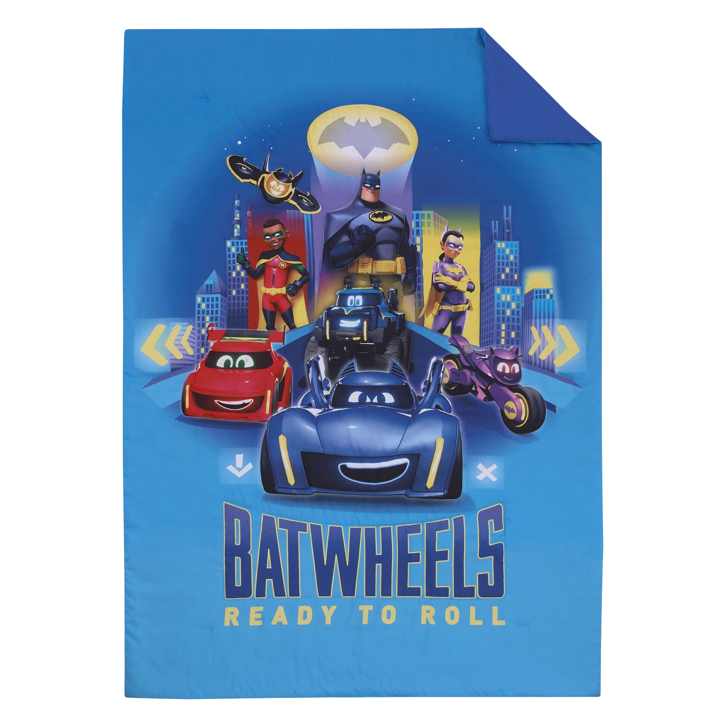 Warner Brothers Batwheels Ready to Roll Blue, Red, and Yellow 4 Piece Toddler Bed Set - Comforter, Fitted Bottom Sheet, Flat Top Sheet and Reversible Pillowcase