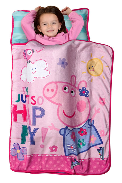 NoJo Peppa Pig I'm so Happy Toddler Nap Mat - Includes Attached Pillow and Fleece Blanket