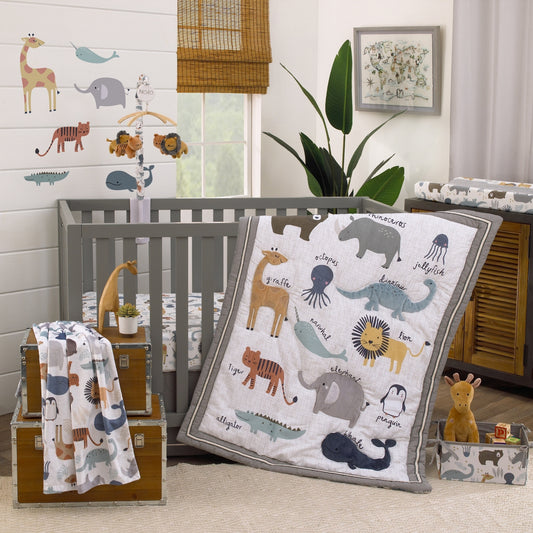 Zoo Animals White and Gray 4 Pc Crib Bedding Set