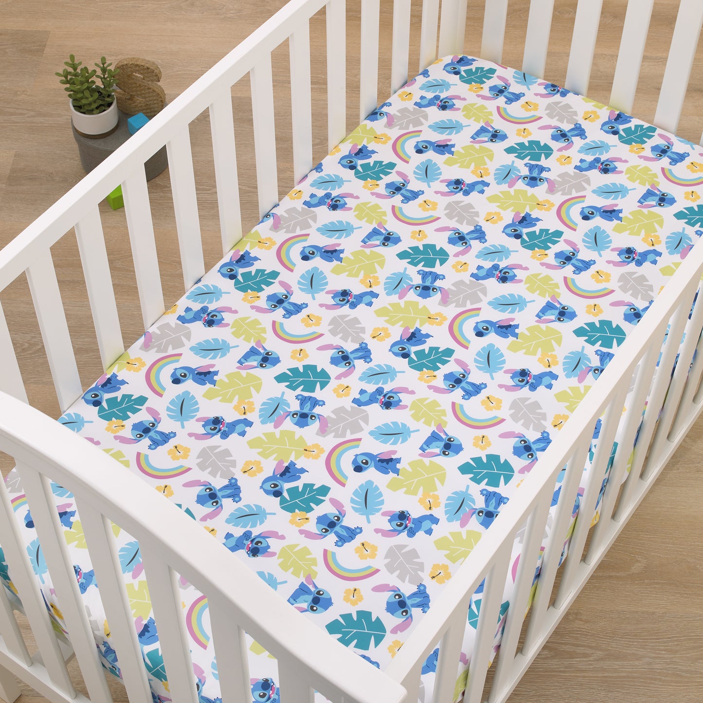 Disney Stitch Blue, Teal, Lime, and White Nursery Fitted Mini Crib Sheet