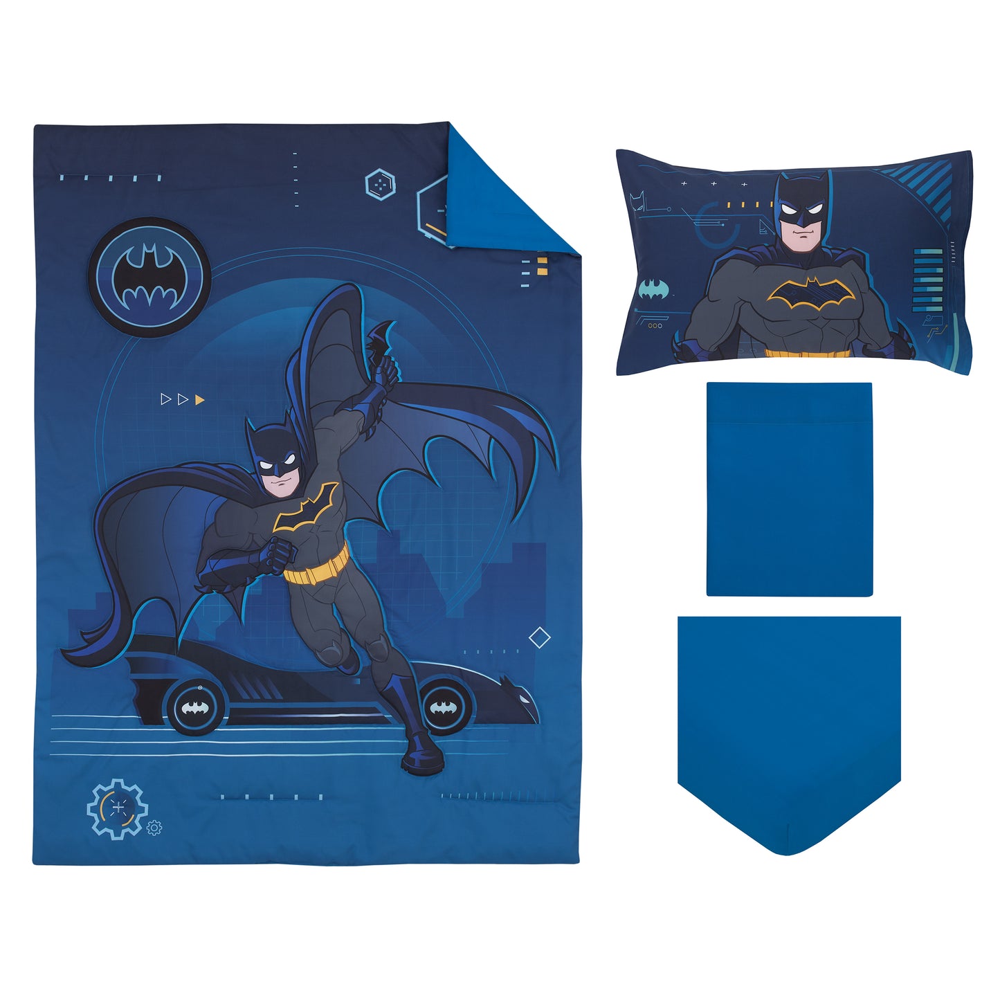 Warner Brothers Batman Bat-Tech Navy, Teal, Royal Blue, and Black 4 Piece Toddler Bed Set - Comforter, Fitted Bottom Sheet, Flat Top Sheet, and Reversible Pillowcase