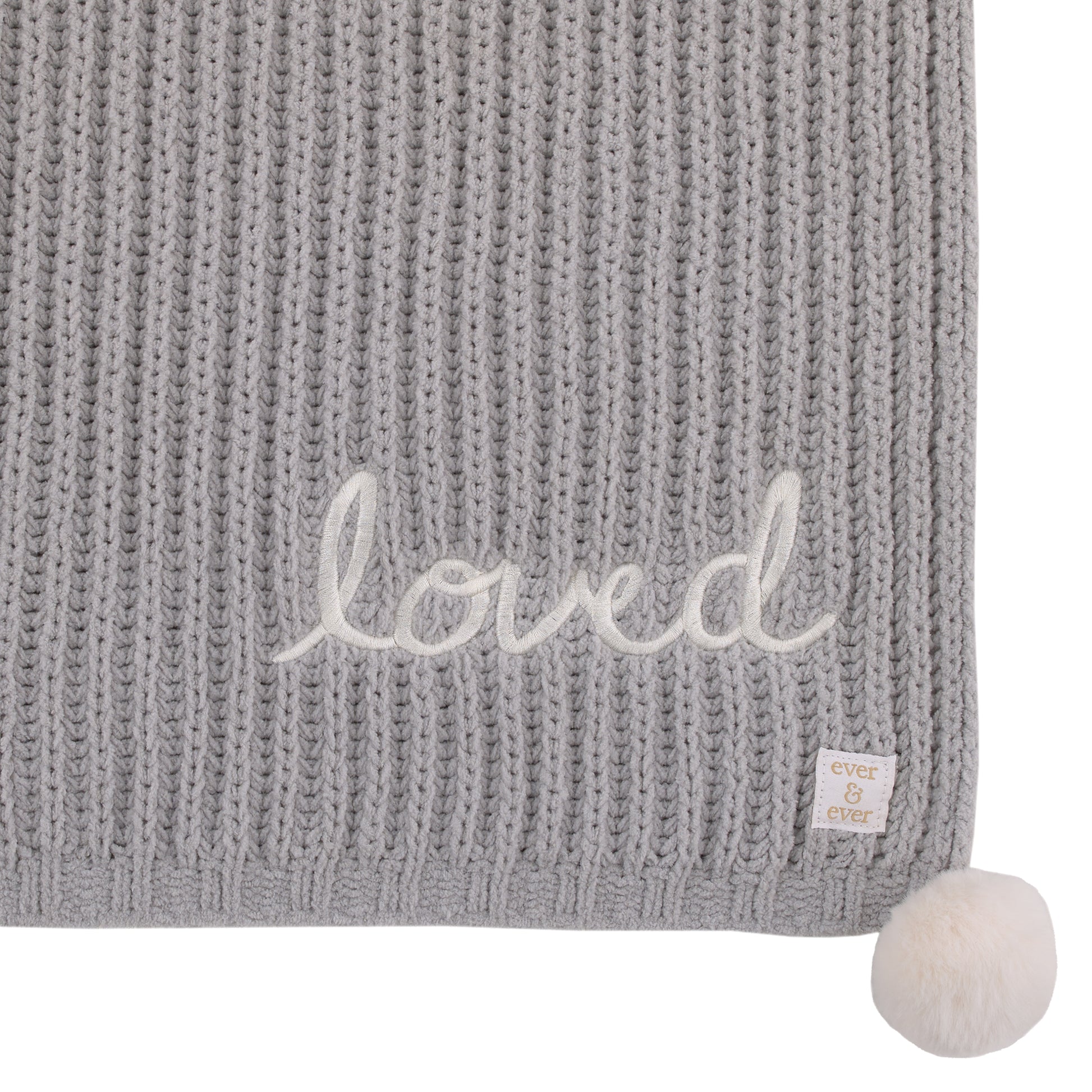 Ever & Ever Loved Gray Chenille Super Soft Pom Pom Baby Blanket with Embroidery
