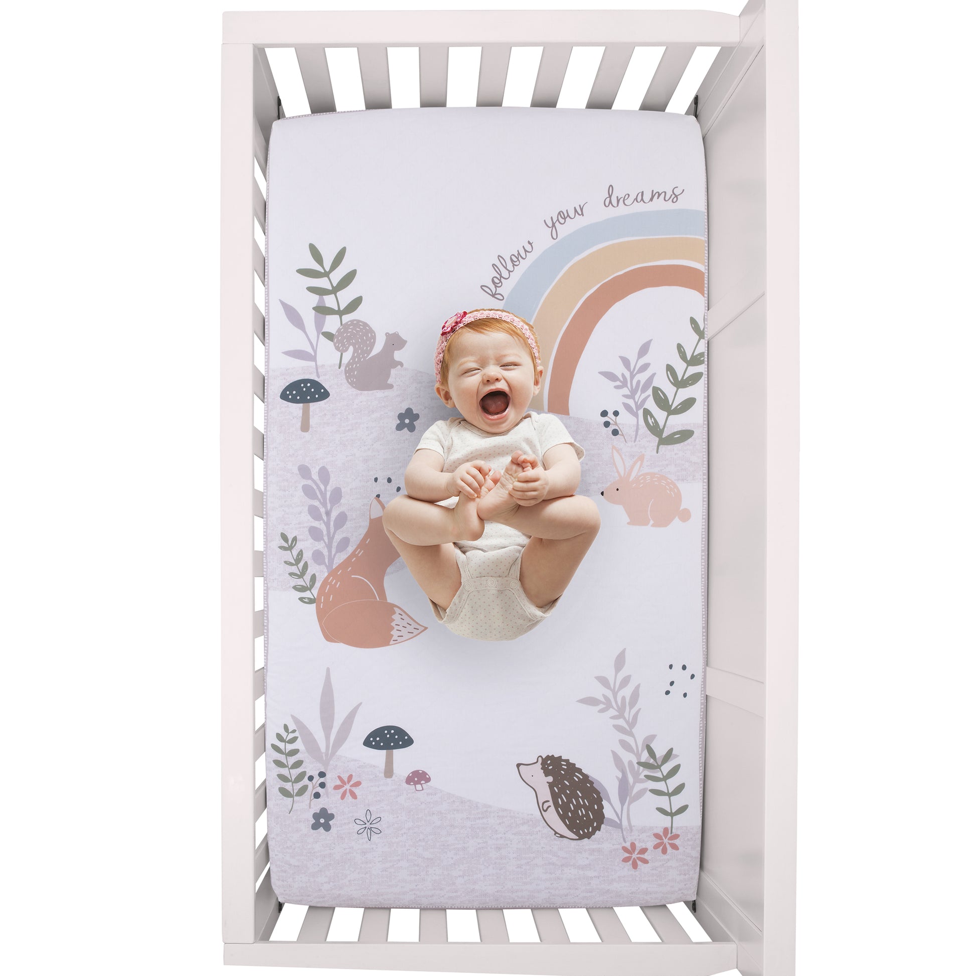Ever & Ever Woodland Gray, White, Tan, and Gold Rainbow Follow Your Dreams 100% Cotton Nursery Photo Op Fitted Crib Sheet