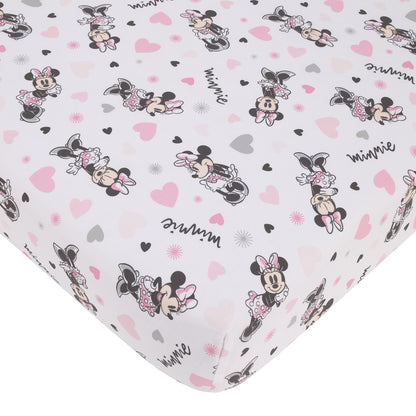 Disney Minnie Mouse My Happy Place Pink, Black, Gray, and White 100% Cotton Nursery Fitted Crib Sheet