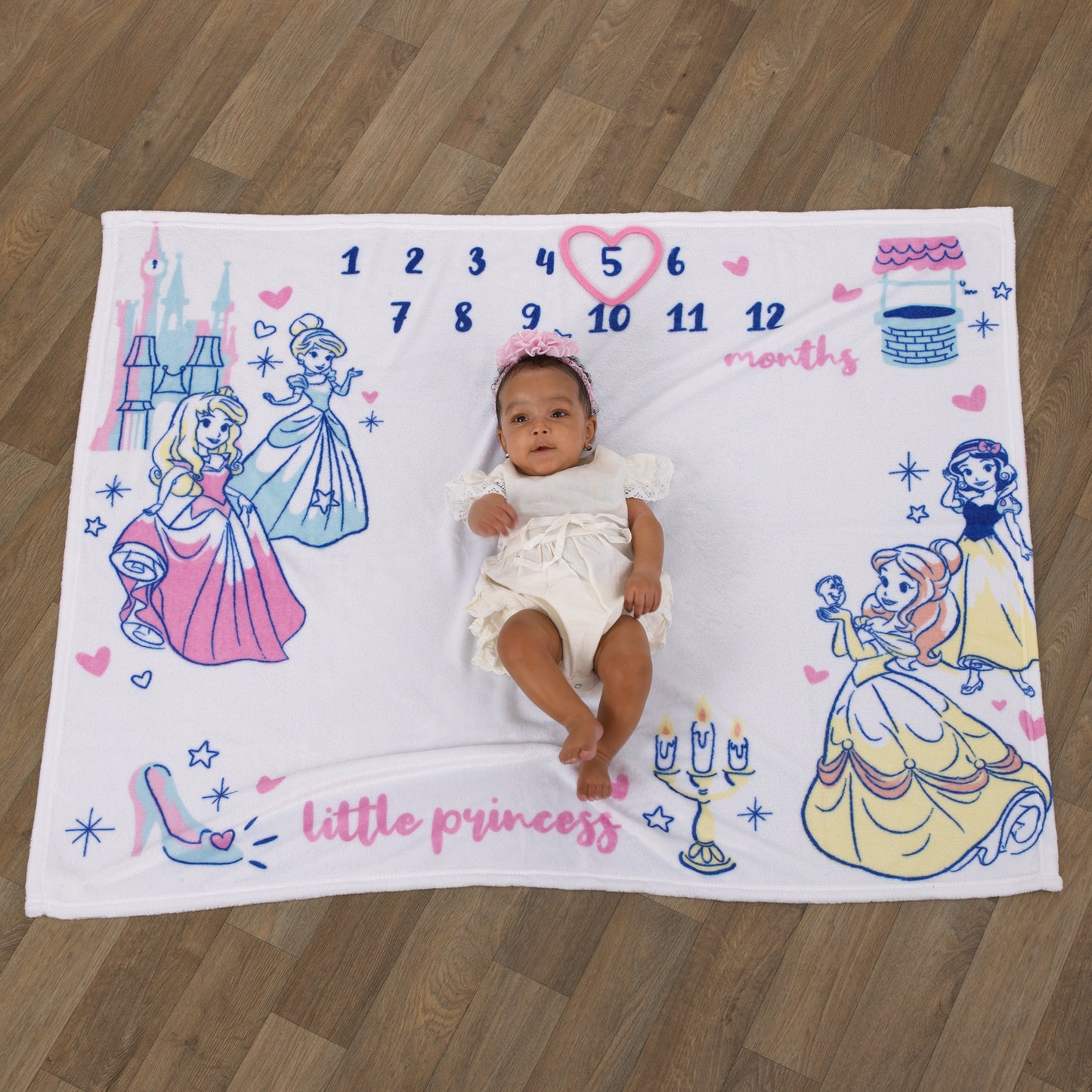 Disney Princess Pink, Aqua, Yellow and White Super Soft Milestone Baby Blanket