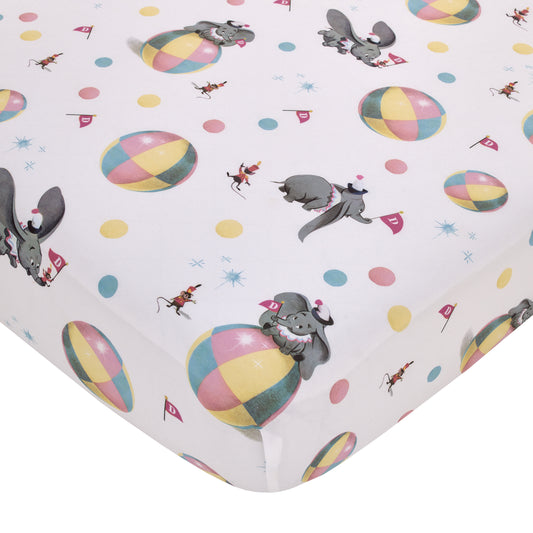 Vintage Dumbo - Gray, White and Multi-Colored Circus Flags, Balls and Timothy Mouse Nursery Fitted Crib Sheet