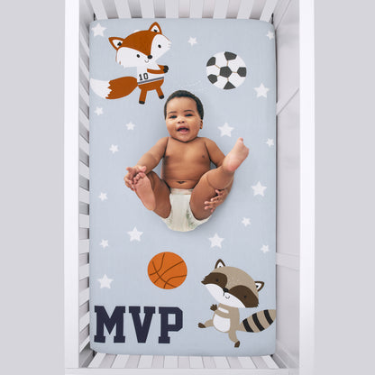 NoJo Team All Star Light Blue, Grey, and Orange, MVP Fox and Raccoon Sports Theme with White Stars Photo Op 100% Cotton Fitted Crib Sheet