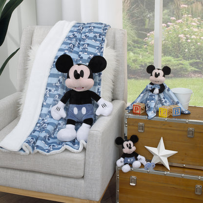 Disney Mickey Mouse Blue and White Striped Super Soft Velboa with Sherpa Back Baby Blanket