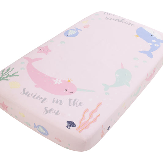 Under the Sea Whimsy Pink and Blue Whales and Narwhals 100% Cotton Photo Op Fitted Crib Sheet