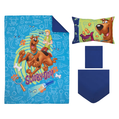 Warner Brothers Scooby Doo - Scooby Dooby Doo Blue, Green, Brown and Orange 4 Piece Toddler Bed Set - Comforter, Fitted Bottom Sheet, Flat Top Sheet, and Reversible Pillowcase