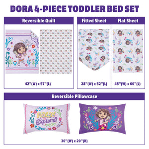 NoJo Dora Adventure Awaits 4 Piece Toddler Bed Set - Comforter, Fitted Bottom Sheet, Flat Top Sheet, Reversible Pillowcase, Lavender
