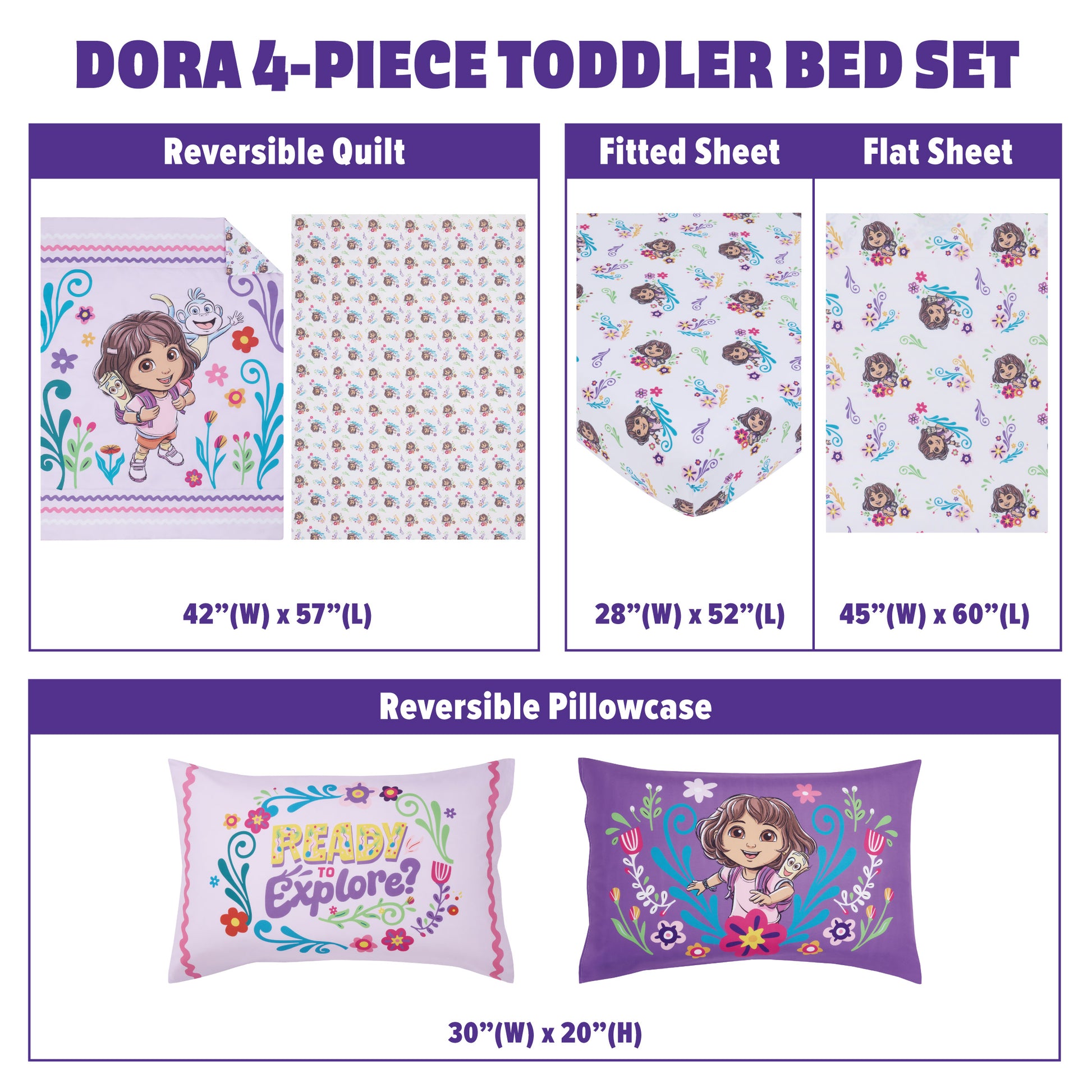 NoJo Dora Adventure Awaits 4 Piece Toddler Bed Set - Comforter, Fitted Bottom Sheet, Flat Top Sheet, Reversible Pillowcase, Lavender