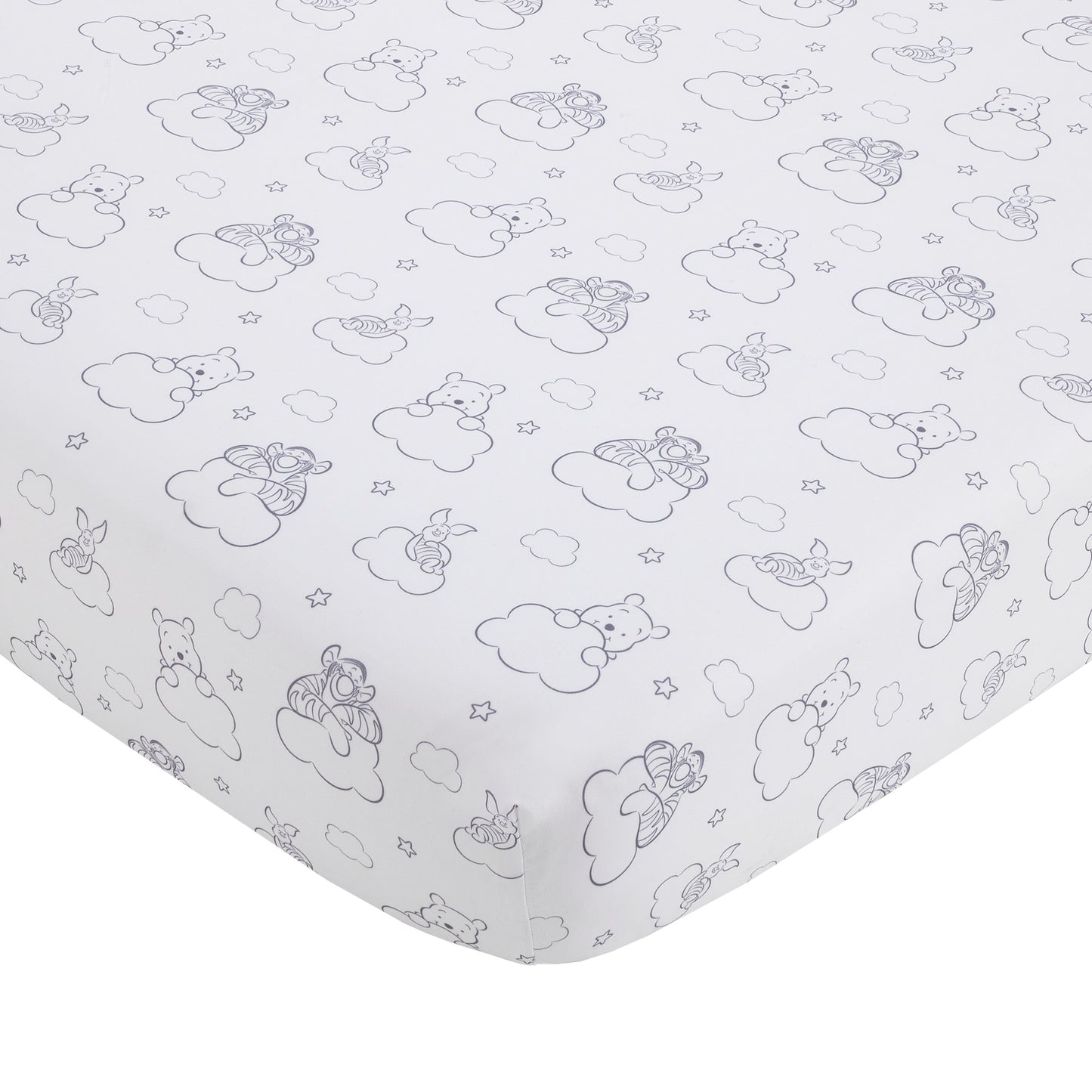 Disney Winnie the Pooh Hello Sunshine Grey and White Cloud Nursery Fitted Crib Sheet with Piglet and Tigger