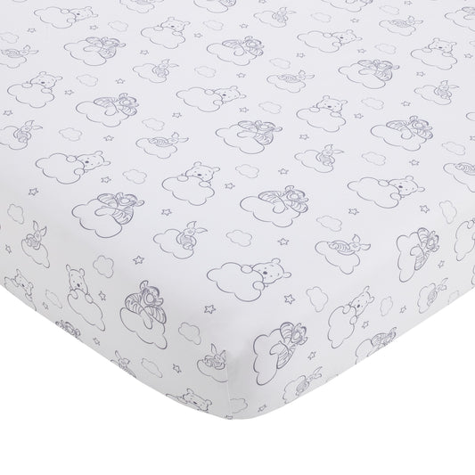 Disney Winnie the Pooh Hello Sunshine Grey and White Cloud Nursery Fitted Crib Sheet with Piglet and Tigger