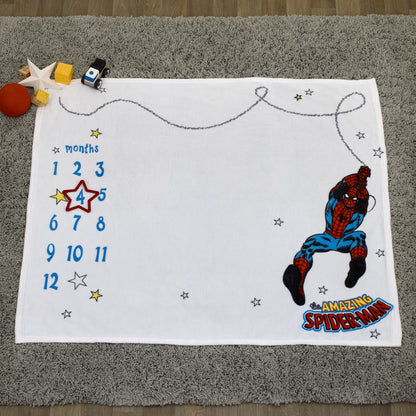 Marvel Amazing Spiderman Red, White, and Blue Super Soft Milestone Baby Blanket