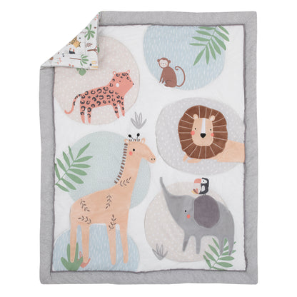 NoJo Jungle Trails Grey, Green and Gold Elephant, Lion and Giraffe 4 Piece Nursery Crib Bedding Set - Comforter, 100% Cotton Fitted Crib Sheet, Crib Skirt, and Storage