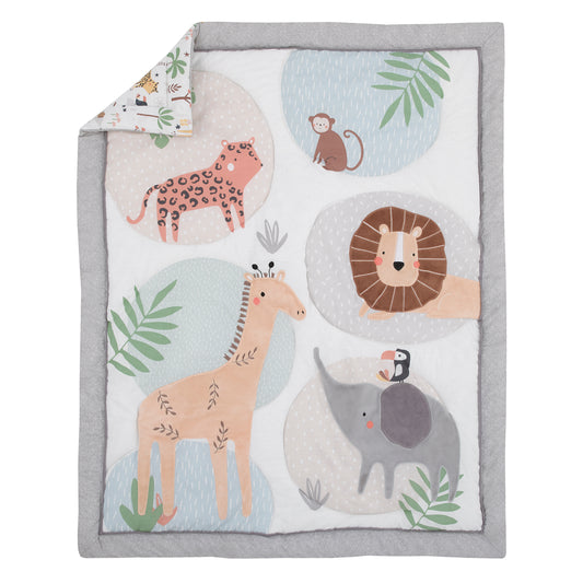 Jungle Trails Grey, Green and Gold Elephant, Lion and Giraffe 4 Piece Nursery Crib Bedding Set - Comforter, 100% Cotton Fitted Crib Sheet, Crib Skirt, and Storage