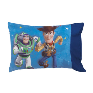 Disney Toy Story 4 - Blue, Green, Yellow Toys in Action 4 Piece Toddler Bed Set - Comforter, Flat Top Sheet, Fitted Bottom Sheet, Reversible Pillowcase