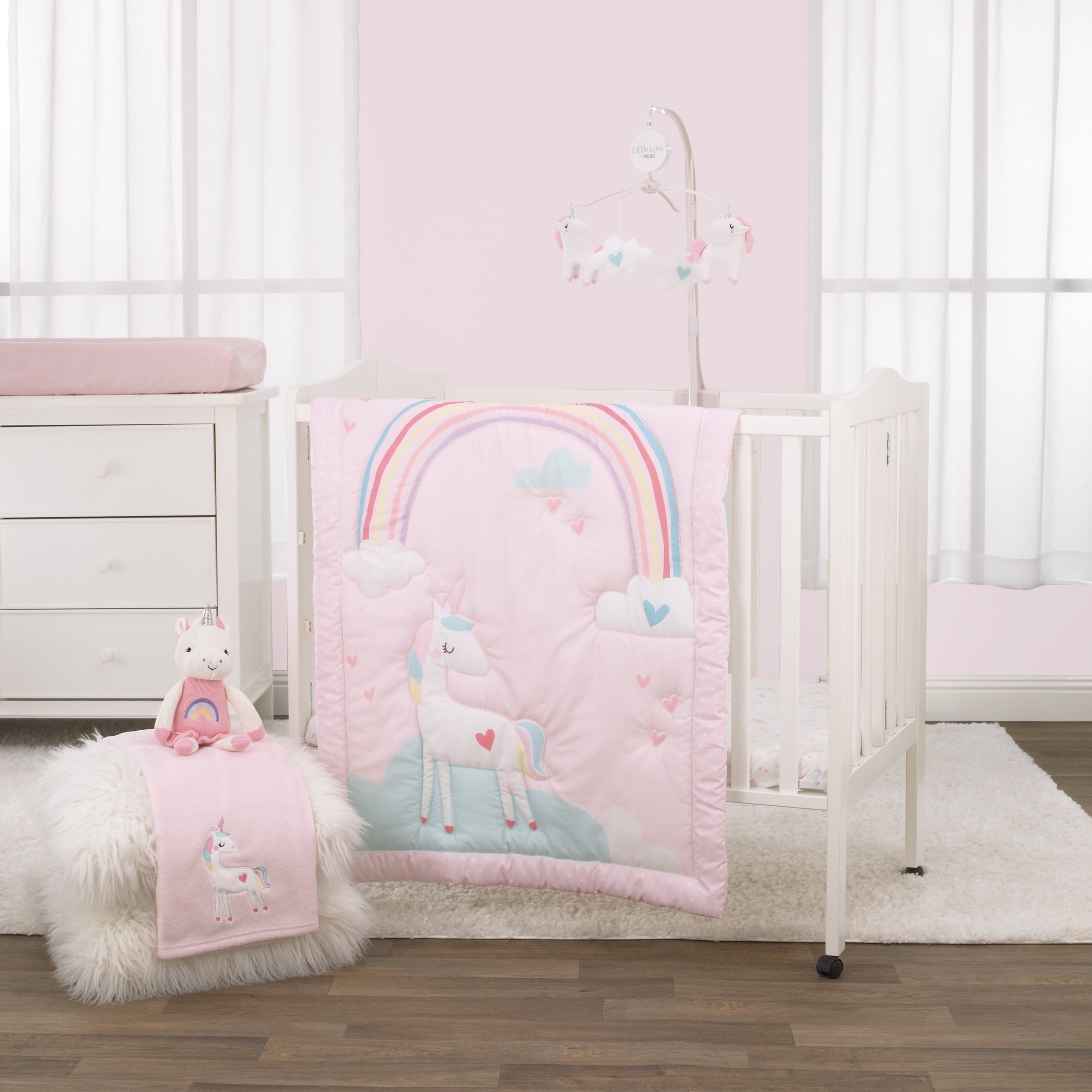 Little Love by NoJo Rainbow Unicorn Pink Aqua Yellow and White 3 Piece Mini Crib Bedding Set Comforter and 2 Fitted Mini Crib Sheets NoJo Baby