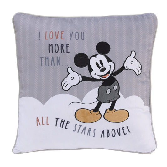 Mickey Mouse Love Mickey Gray, White, Black, and Tan I Love You More Than All The Stars Above Applique Decorative Pillow