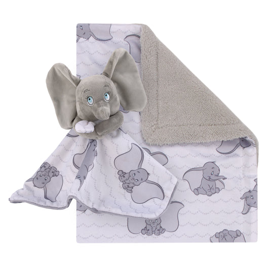 Dumbo Gray and White Super Soft Sherpa Baby Blanket and Security Blanket 2-Piece Gift Set