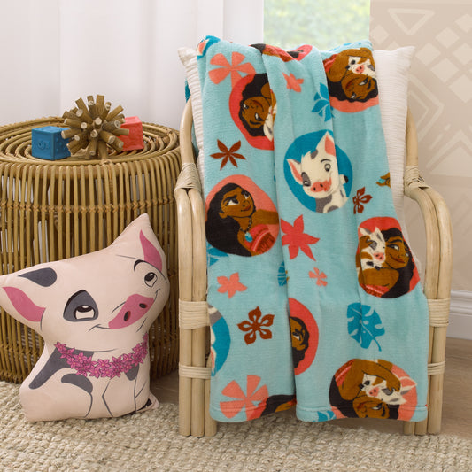 Disney Moana Free as the Ocean Aqua, Orange, and White, Pua Pig, and Hei Hei Chicken Super Soft Toddler Blanket