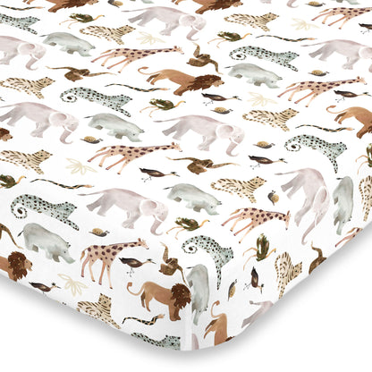 NoJo Water Color Jungle Friends Tan, Brown and Grey Fitted Super Soft Crib Sheet