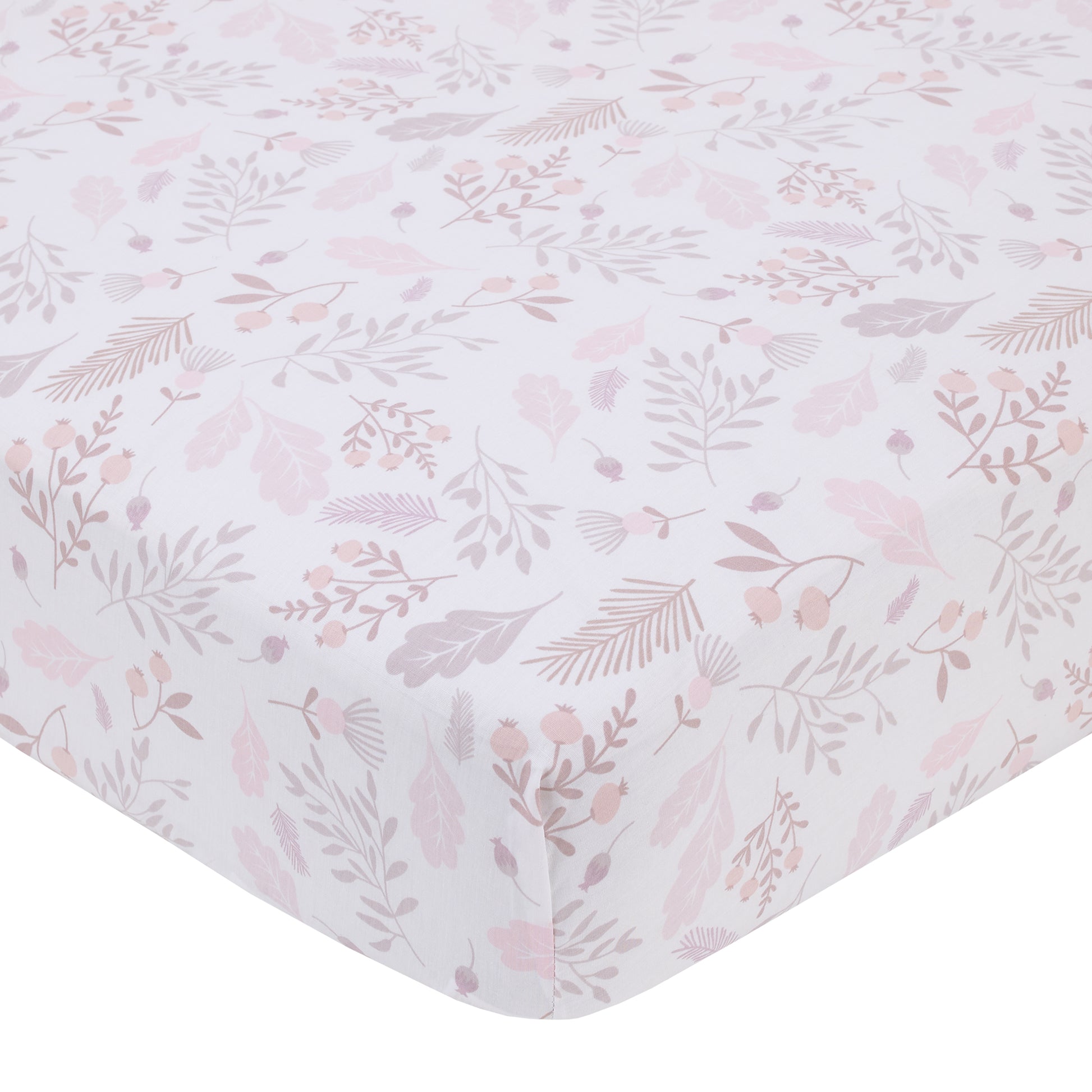 Ever & Ever Sweet Bunny Pink, White, and Taupe Floral Leaf 100% Cotton Nursery Fitted Crib Sheet