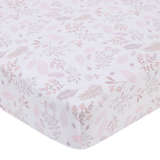 Ever & Ever Sweet Bunny Pink, White, and Taupe Floral Leaf 100% Cotton Nursery Fitted Crib Sheet
