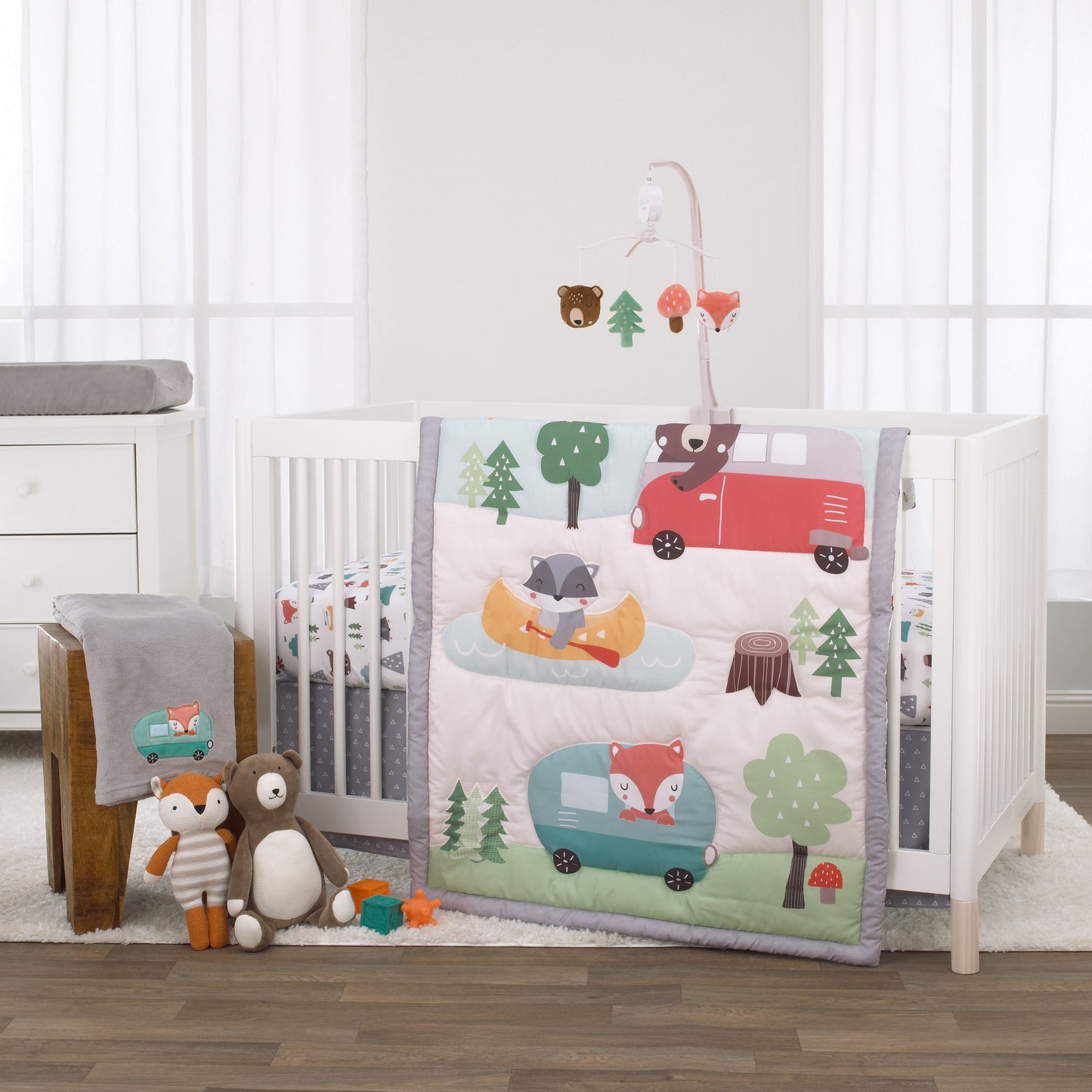 Little Love by NoJo Retro Happy Camper Orange, Brown and Green Forest Nursery Crib Musical Mobile with Bear, Fox, Mushroom and Pine tree