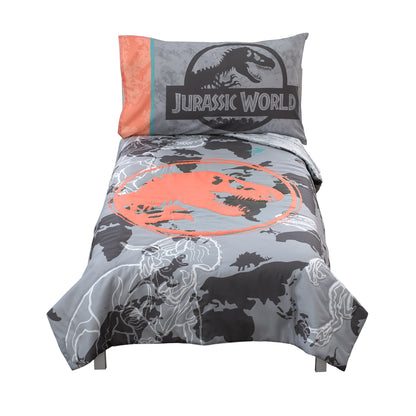 Universal Jurassic World Into The Wild Grey, White, Orange and Aqua T. Rex 4 Piece Toddler Bed Set - Comforter, Fitted Bottom Sheet, Flat Top Sheet and Reversible Pillowcase