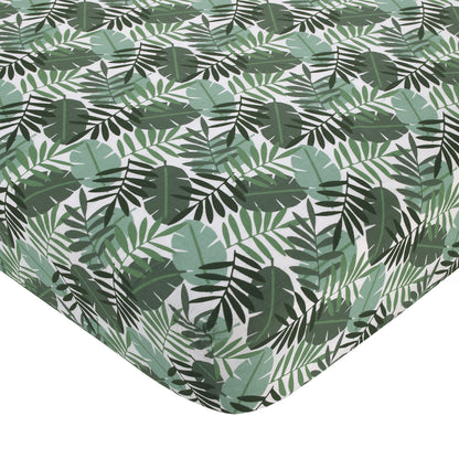 NoJo Jungle Paradise Green, Gray, and Tan Lion, Sloth, and Leopard Palm Leaf 4 Piece Nursery Crib Bedding Set - Comforter, 100% Cotton Fitted Sheet, Crib Skirt, and Storage Caddy