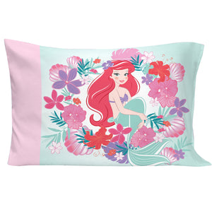 Disney Ariel Sea Garden 4 Piece Toddler Bed Set - Comforter, Fitted Sheet, Flat Top Sheet, Reversible Standard Size Pillowcase, Pink and Aqua