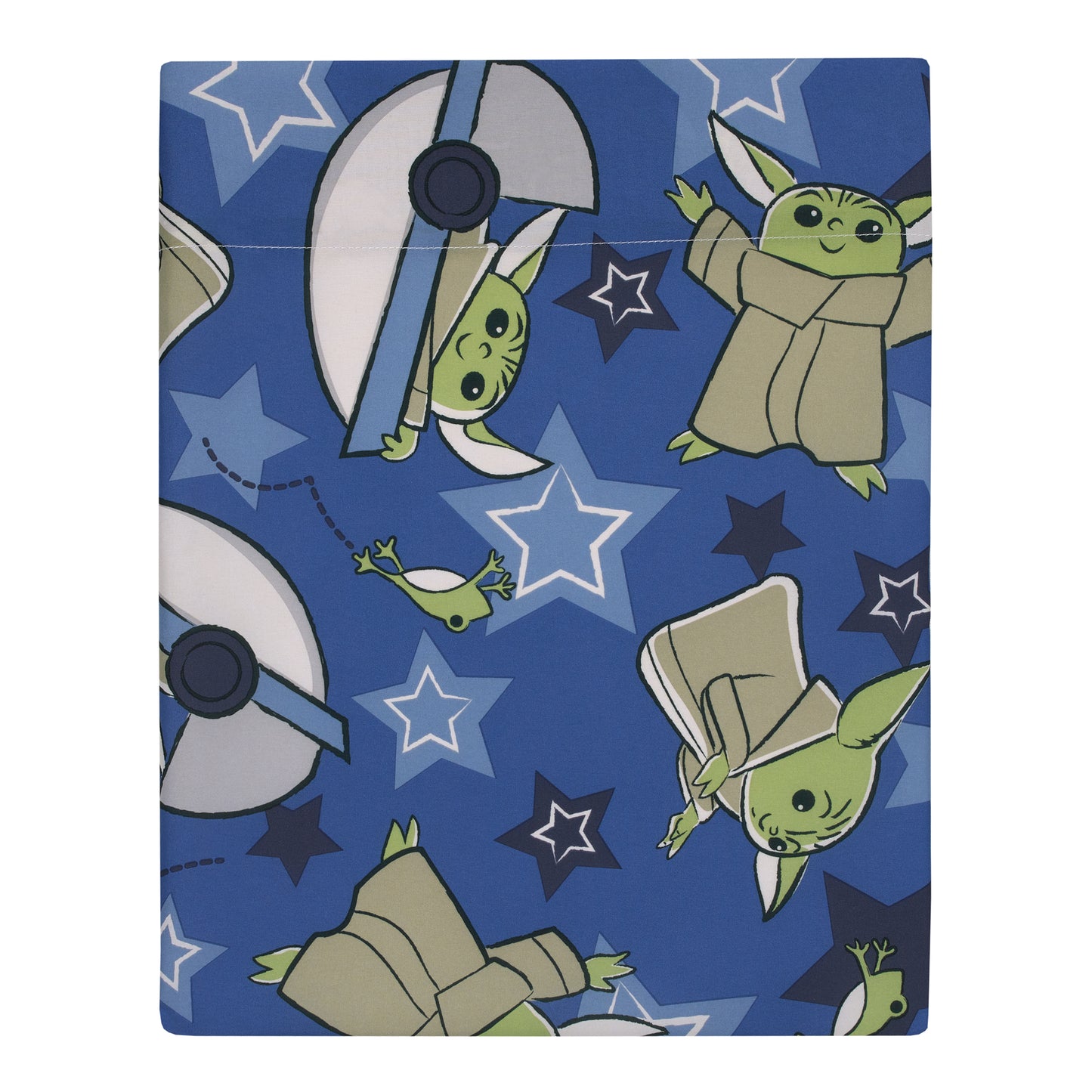 Star Wars The Child Cutest in the Galaxy Blue, Green and Gray, "Too Cute" Grogu, Stars, Hover Pod, and Sorgan Frog 4 Piece Toddler Bed Set - Comforter, Fitted Bottom Sheet, Flat Top Sheet, and Reversible Pillowcase