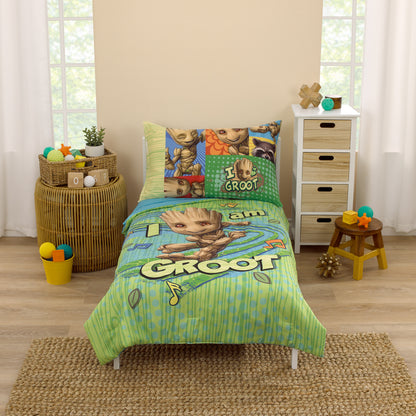 Marvel Guardians of the Galaxy I Am Groot Green and Blue 4 Piece Toddler Bed Set - Comforter, Fitted Bottom Sheet, Flat Top Sheet, and Reversible Pillowcase