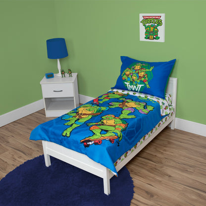 NoJo Teenage Mutant Ninja Turtles 4 Piece Toddler Bed Set - Includes a Comforter, Fitted Bottom Sheet, Flat Top Sheet, Reversible Pillowcase