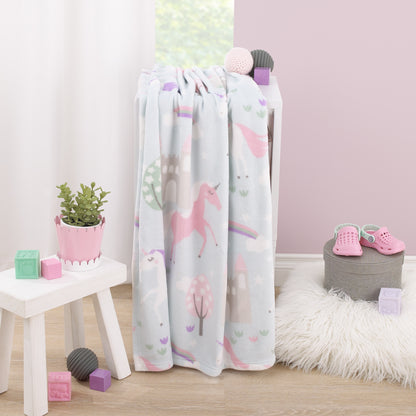 Everything Kids Unicorn Aqua, Pink and White Castles and Rainbows Super Soft Toddler Blanket