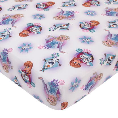 NoJo Disney Frozen Elsa, Anna, and Olaf Fitted Toddler Sheet, Blue, Purple, and White