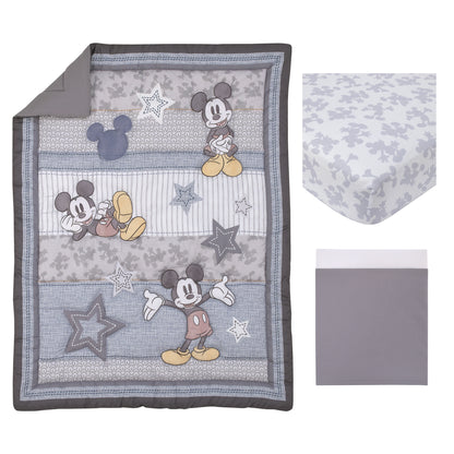 Disney Mighty Mickey Mouse Grey, White and Blue Stars, Stripes and Icons 3 Piece Nursery Crib Bedding Set - Comforter, Fitted Crib Sheet and Crib Skirt