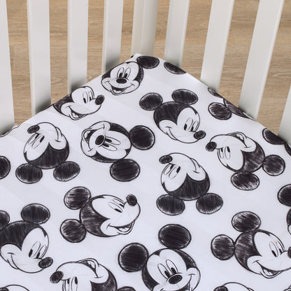 Disney Mickey Mouse - Charcoal Black and White Smiling Mickey Mouse Nursery Fitted Mini Crib Sheet