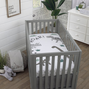 NoJo Baby-Saurus Photo Op ROAR White, Gray, and Green Dinosaur with Clouds Nursery Fitted Crib Sheet