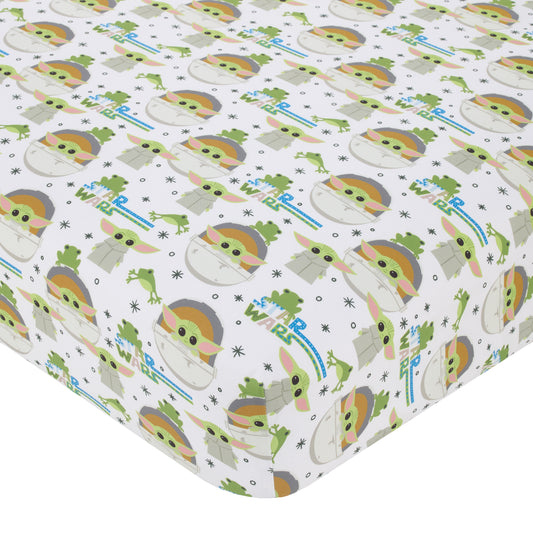 The Mandalorian Grogu White, Green, and Blue Nursery Fitted Crib Sheet