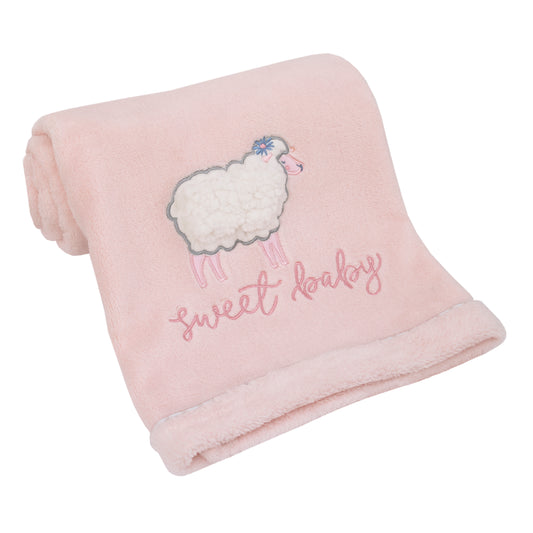 NoJo Farmhouse Chic Pink and White Super Soft Lamb "Sweet Baby" Blanket