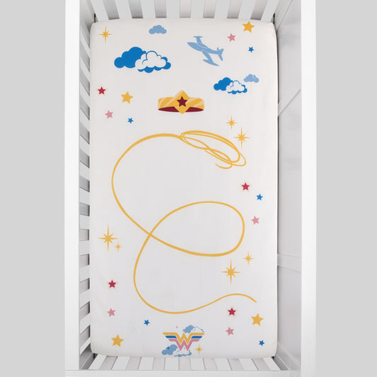 Wonder Woman White and Gold Star-Tiara, Lasso of Truth, and the Invisible Jet Photo Op Nursery Fitted Crib Sheet