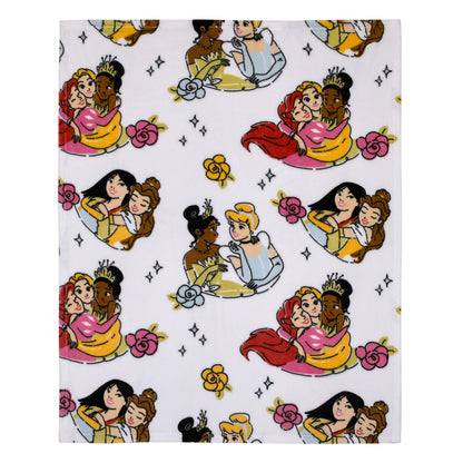 Disney Princesses Courage and Kindness Pink, Blue and White Ariel, Rapunzel, Tiana, Cinderella, Mulan, and Belle Super Soft Toddler Blanket
