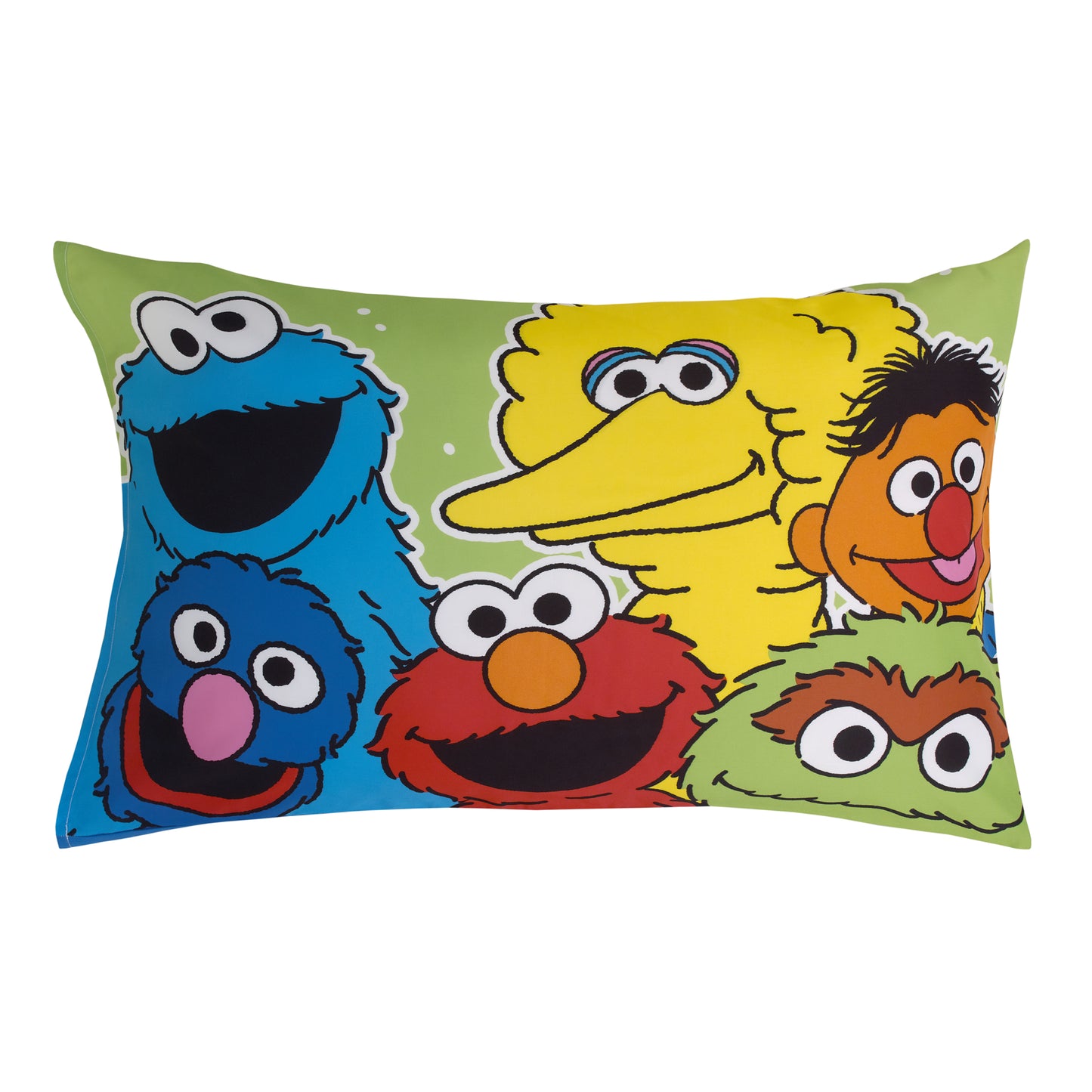 Sesame Street Come and Play Blue, Green, Red and Yellow, Elmo, Big Bird, Cookie Monster, Grover, and Oscar the Grouch 4 Piece Toddler Bed Set - Comforter, Fitted Bottom Sheet, Flat Top Sheet, and Reversible Pillowcase