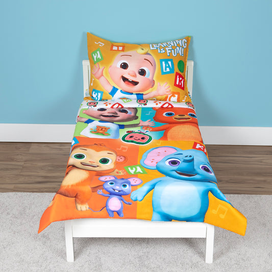 CoComelon Learning Is Fun 4 Piece Toddler Bed Set - Includes Comforter, Fitted Bottom Sheet, Flat Top Sheet, Reversible Pillowcase