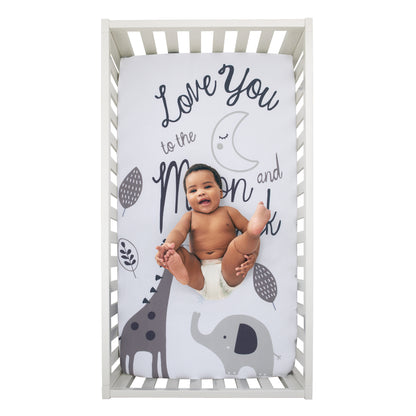 NoJo Love You To The Moon - 100% Cotton Grey and White Elephant and Giraffe Nursery Photo Op Fitted Crib Sheet  "Love You to the Moon and Back"